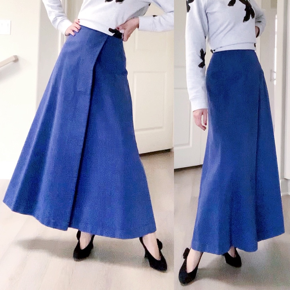 Handmade A line Wrap Front Lurdes Bell Dark Blue Denim Maxi Skirt